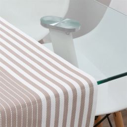 Tafelloper taupe met beige streep, anti-vlek geweven vinyl afwasbaar en waterafstotend | Franse Tafelkleden