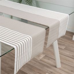 Chemin de table en vinyle antitache taupe à rayures beiges, dim. 135 x 40 cm | Franse Tafelkleden