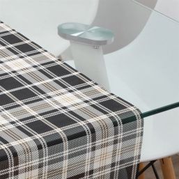 Water-repellent table runner made of woven vinyl. black, beige checkered, non-slip and washable | French Tablecloths
