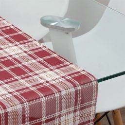 Chemin de table hydrofuge en vinyle tissé. carreaux rouges, beiges, antidérapants et lavables | Nappes françaises