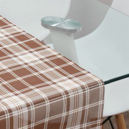 Table runner anti-stain vinyl brown, beige checkered, size 180 x 35 cm | Franse Tafelkleden