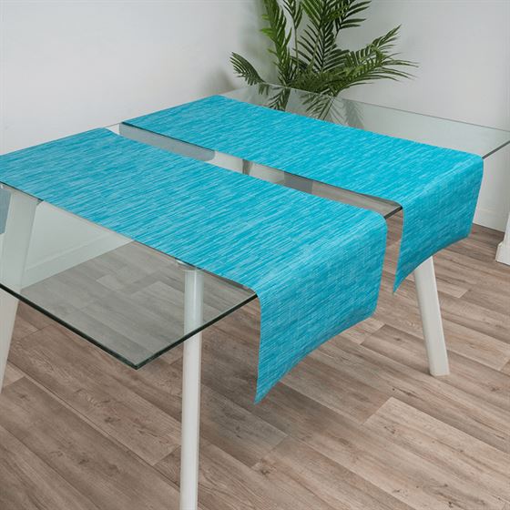 Tischläufer aus gewebtem Vinyl hellblau | Franse Tafelkleden