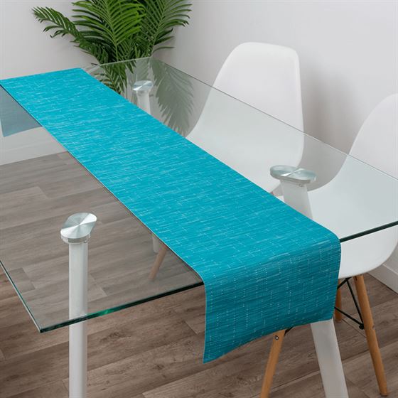 Table runner vinyl hellblau checkered woven 180 x 35 cm