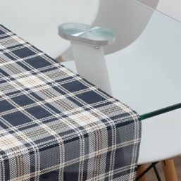 Table runner water-repellent of woven vinyl blue beige checkered, non-slip and washable | Franse Tafelkleden