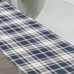 Table runner water-repellent of woven vinyl blue beige checkered, non-slip and washable | French Tablecloths