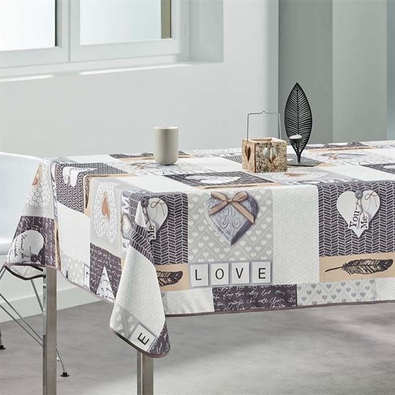 Tablecloth anti-stain beige home, love | Franse Tafelkleden