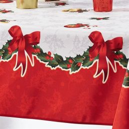 Tischdecke Weihnachten weiß, rot mit Girlande | Franse Tafelkleden