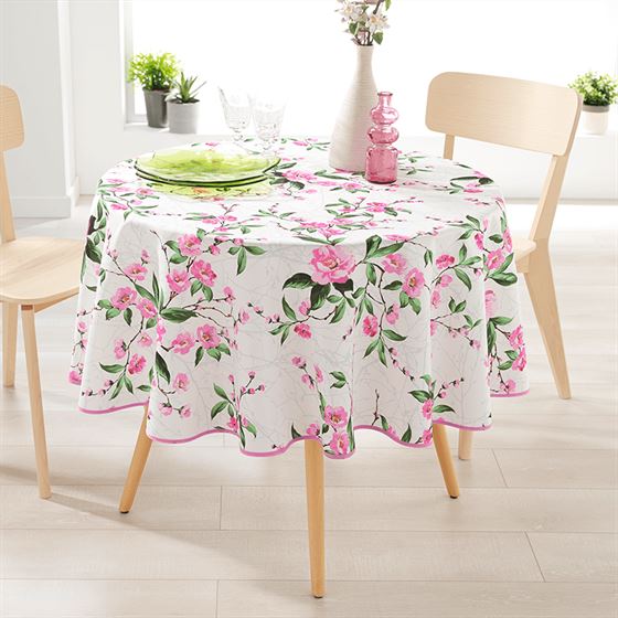Tischdecke Anti-Fleck weiß mit rosa Blüten | Franse Tafelkleden