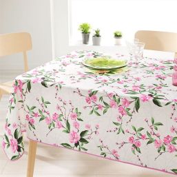 Tafelkleed anti-vlek wit met roze bloemen | Franse Tafelkleden