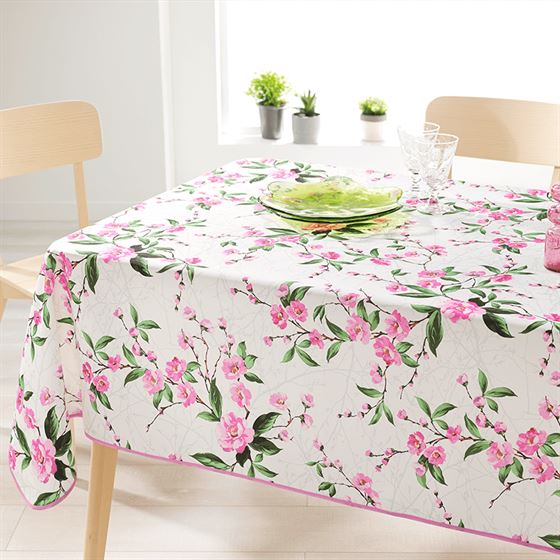 Nappe de table blanc avec des fleurs roses | Franse Tafelkleden