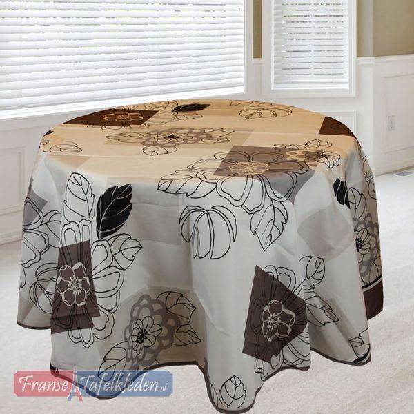 Tablecloth white taupe flowers 160 round French tablecloths