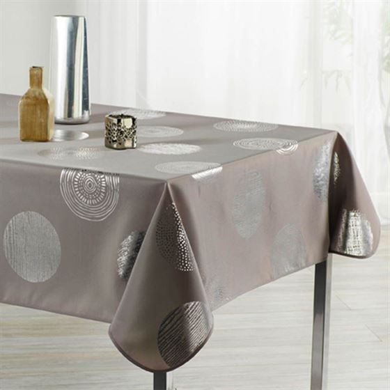 Tablecloth anti-stain taupe with silver circles | Franse Tafelkleden