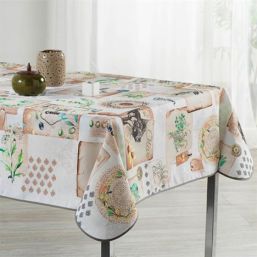 Tablecloth anti-stain ecru with squares and olive rectangle