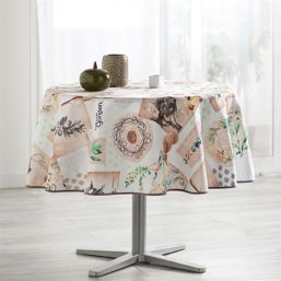 Tablecloth anti-stain ecru with squares and olive round