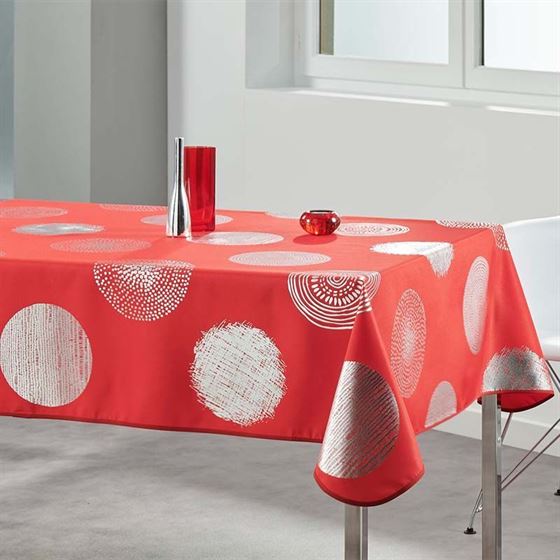 Tablecloth anti-stain red with silver circles rectangle
