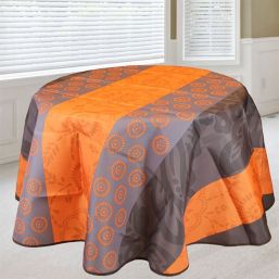 Tischdecke 160 rund Orange mit Blättern und Kreisen Französisch Tischdecken