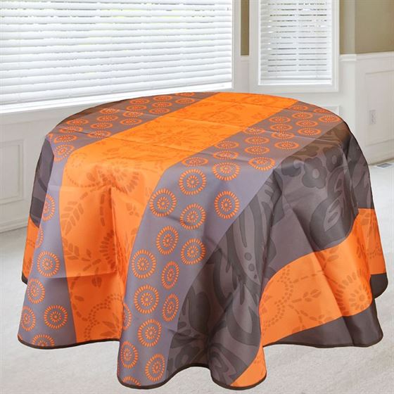 Tablecloth 160 round orange with leaves and circles French tablecloths