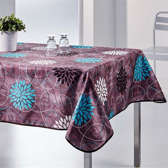 Nappe de table anti-tache bleu fleuri anthracite
