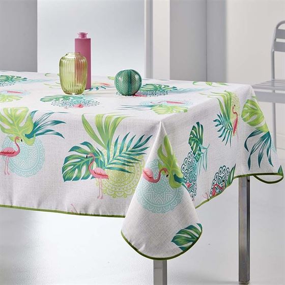 Tablecloth ecru with flamingo and palm leaves