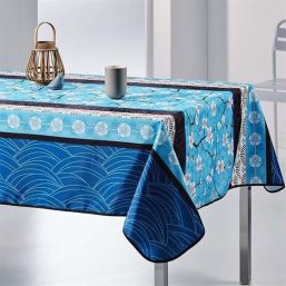 Tablecloth anti-stain blue with white blossom rectangular