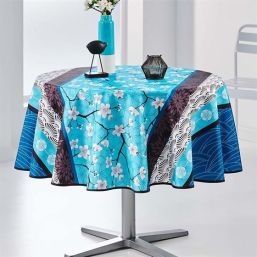 Tablecloth anti-stain blue with white blossom round