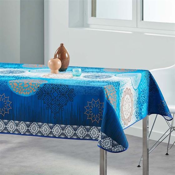 Nappe de table anti tache bleu, blanc mandala rectangle