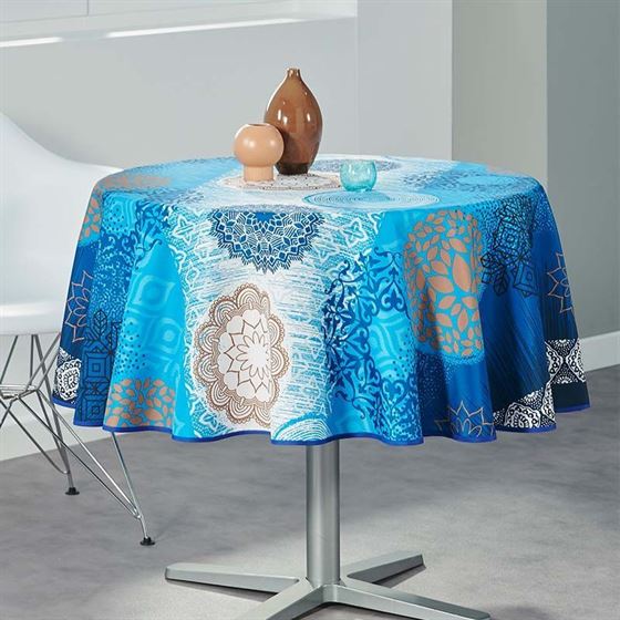 Tischdecke Anti-Fleck blau, weiß Mandala | Franse Tafelkleden