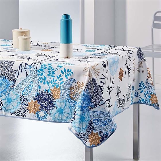 Tablecloth anti-stain flowers and blue leaves | Franse Tafelkleden