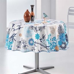 Tablecloth anti-stain flowers and blue leaves | Franse Tafelkleden