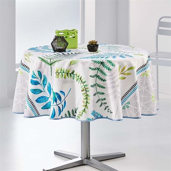 Tablecloth anti-stain white with blue leaves | Franse Tafelkleden