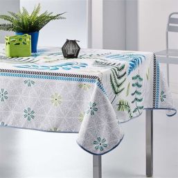 Tablecloth anti-stain white with blue leaves | Franse Tafelkleden