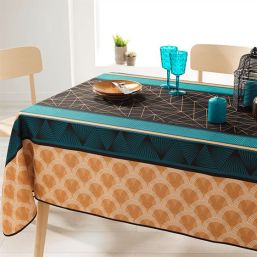Rechthoek  tafelkleed 100% polyester, vochtafstotend. zwart, oranje, figuren