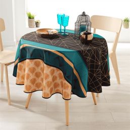 Round 160 tablecloth 100% polyester, moisture repellent. Schwarze, Orange, Figuren