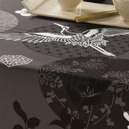 Tablecloth anti-stain Anthracite with crane bird | Franse Tafelkleden
