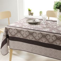 Tablecloth anti-stain taupe with ornaments | Franse Tafelkleden