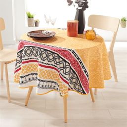 Round 160 tablecloth 100% polyester, moisture repellent. Yellow with flowers