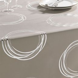 Tablecloth taupe with silver colored circles | Franse Tafelkleden