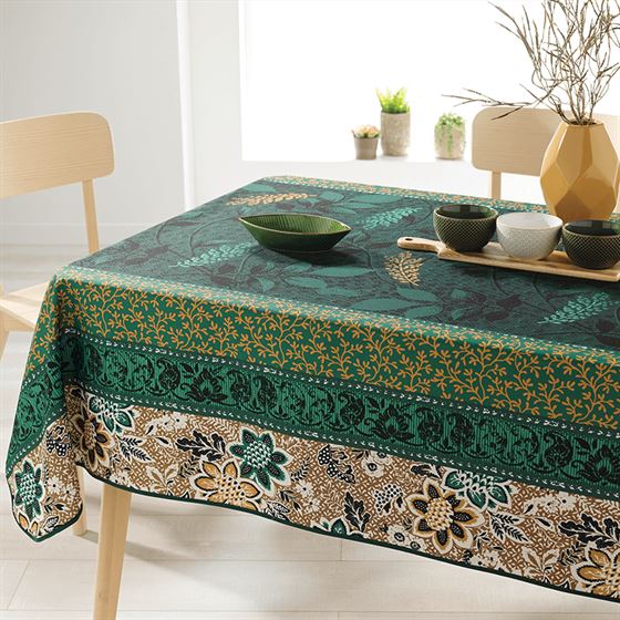 Rechteck Tischdecke 100% Polyester, feuchtigkeitsabweisend. Grün, braun, mit Blättern