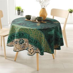 Round 160 tablecloth 100% polyester, moisture repellent. Green, brown, with leaves