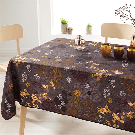 Tischdecke Anti-Fleck Braun, mit Blättern | Franse Tafelkleden