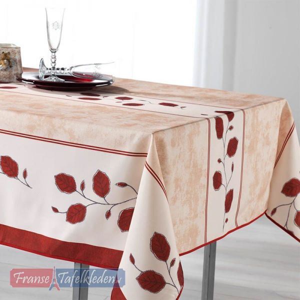 Tablecloth red, beige and white with leaves 240 X 148 French tablecloths