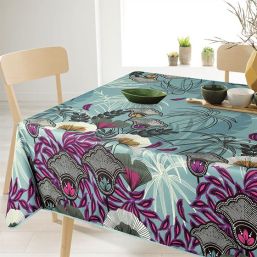 Tablecloth anti stain sea blue with leaves French Tablecloths.