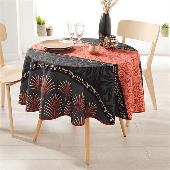 Round 160 nappes 100% polyester, moisturizing. Black, red with palm leaf