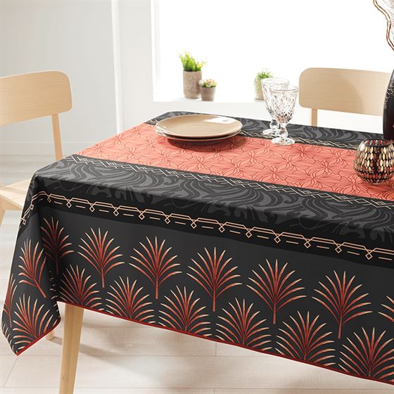 Rechthoek tafelkleed 100% polyester, vochtafstotend. Zwart, rood met palmblad