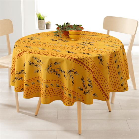 Nappe de table ronde jaune avec imprimé olive toscane