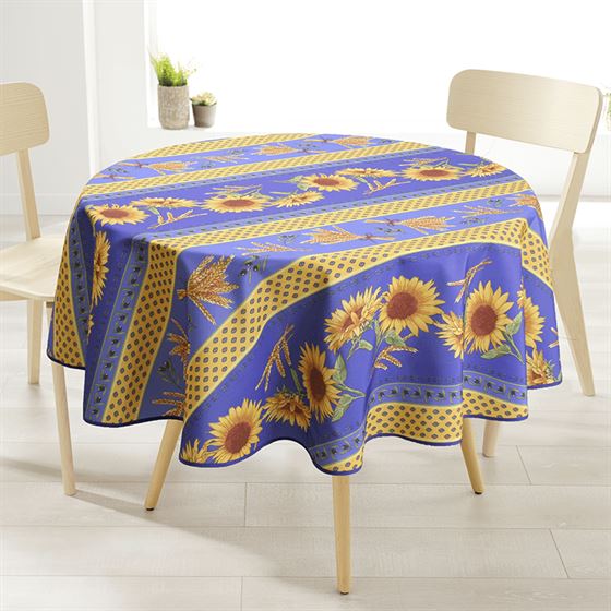 Rond tafelkleed blauw met prachtige Provençaalse zonnebloemen