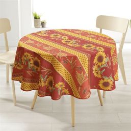Runde Tischdecke rot mit wunderschönen provenzalischen Sonnenblumen und Oliven