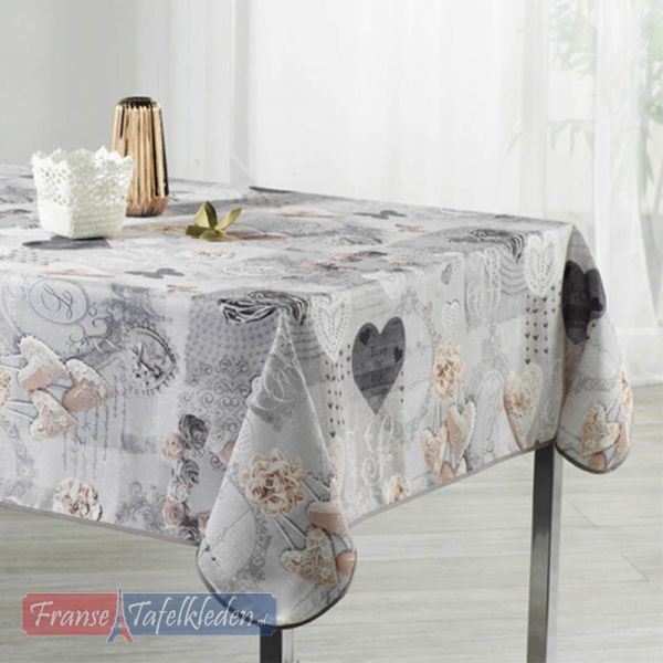 Tischdecke grau mit Schmetterlingen und Herzen 300 X 148 Französische Tischdecken