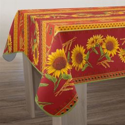 Rechthoekig tafelkleed rood met mooie Provençaalse zonnebloemen en olijven