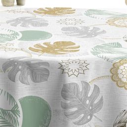 Tablecloth anti-stain ecru with monstera leaves | Franse Tafelkleden